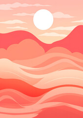 A pink painting with an orange sun, in the style of marine biology-inspired, minimalist line art