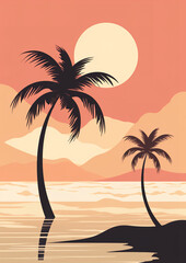 An illustration of a palm tree against a light yellow background, in the style of light pink and orange