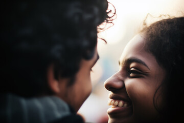 Fototapeta premium Authentic close-up of a joyful Black couple sharing a laugh, with focus on the woman's radiant smile, capturing a moment of genuine happiness and connection.