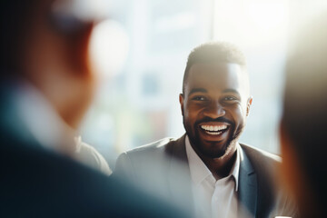 Description: In a spontaneous moment of genuine connection, a Black businessman's laughter fills the room, the authenticity of his joy creating an inviting atmosphere during a corporate meeting. - obrazy, fototapety, plakaty