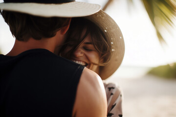 A woman wearing a straw hat joyfully embraces a man on a tropical beach, with the sunset creating a warm, romantic atmosphere.