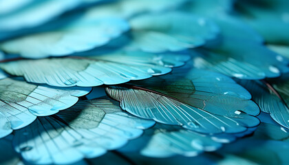 Obraz premium Vibrant peacock feather, nature elegant decoration, flying in blue backdrop generated by AI