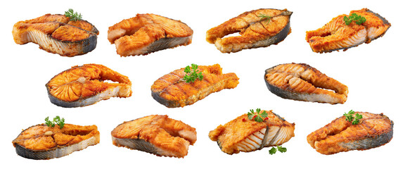 Slices of fried fish  isolated on transparent background.  - obrazy, fototapety, plakaty
