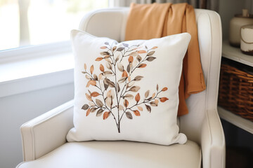 Fall square pillow on armless chair, modern farmhouse style, fall decor