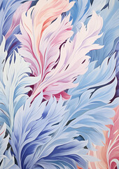 The abstract leaves of a plant and flower in blue and pink, in the style of light beige and blue, organic flowing forms
