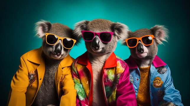 Group photo of anthropomorphic cute superstar koalas with sunglasses and vibrant designer clothing isolated on blue background 