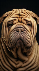 The Shar Pei's portrait is a testament to its individuality, featuring a coat of wrinkles, expressive eyes