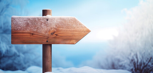 A wooden signpost with  snowy background