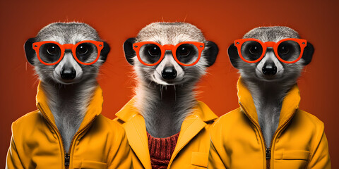 Three meerkats wearing  yellow jumpsuits and sunglasses stand in a row, party  invitation card, Generative AI  - obrazy, fototapety, plakaty