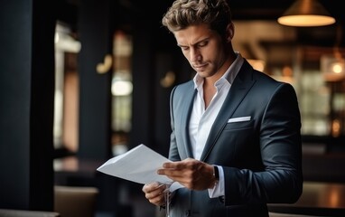 A handsome businessman is looking at a paper. Business vibe
