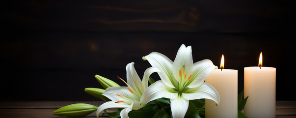 Two white candles and lilies on a wooden table, in the style of dark compositions