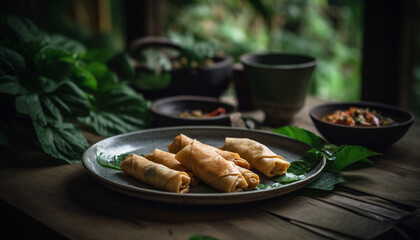 Fresh homemade spring rolls on rustic wooden plate for brunch generated by AI