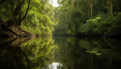 Obraz premium Tranquil scene of a forest pond, reflecting natural beauty generated by AI