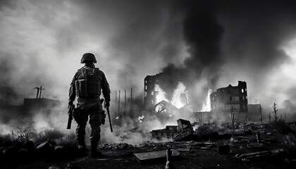warzone with destroyed burning buildings covered in thick smoke and a squad of soldiers walking through them