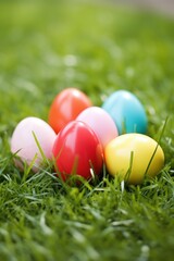 Fototapeta na wymiar A close-up shot of colorful Easter eggs arranged on lush green grass
