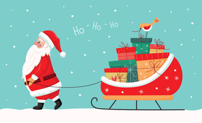 Christmas greeting banner with cute Santa Claus carrying sleigh with gift boxes. Santa Claus brought gifts for Holidays. Christmas delivery concept. Vector illustration