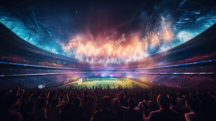 View inside soccer stadium with Fans on stadium game and audiences people celebration with...