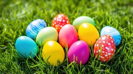Fototapeta na wymiar A close-up shot of colorful Easter eggs arranged on lush green grass