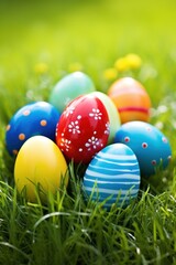 A close-up shot of colorful Easter eggs arranged on lush green grass