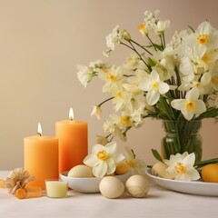 Fototapeta na wymiar An elegant Easter-themed setup featuring flowers, candles, and decorations,