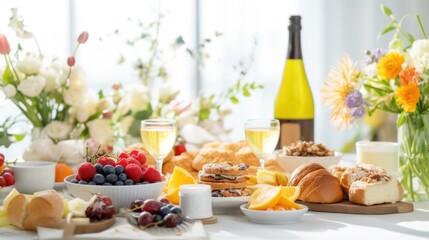 Easter brunch items, including pastries, fruits, and beverages, set against a festive background