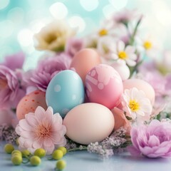 Fototapeta na wymiar A beautiful shot of pastel-colored Easter eggs arranged on a bed of flowers,