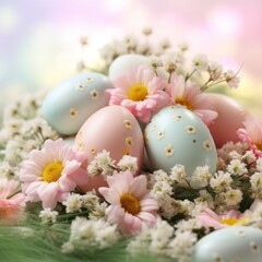 Obraz na płótnie Canvas A beautiful shot of pastel-colored Easter eggs arranged on a bed of flowers,