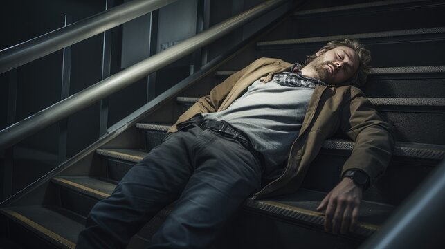 Convey the gravity of indoor accidents! An unconscious man lies after falling down stairs. Illuminate the importance of safety and emergency response with this impactful stock image