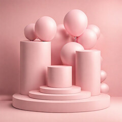 Blank pink podium pedestal with gift boxes and balloons or blank product display exhibition stand stage platform isolated on light pink pastel color minimal conceptual 3D rendering, podium background.