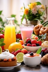 Easter brunch items, including pastries, fruits, and beverages, set against a festive background