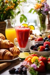 Easter brunch items, including pastries, fruits, and beverages, set against a festive background