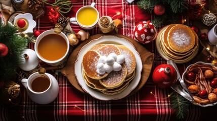 Fototapeta premium table set with Christmas-themed crockery, including pancakes, eggs, bacon, and hot cocoa.