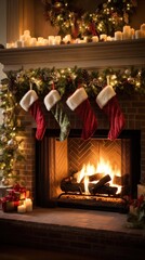 Fototapeta na wymiar fireplace adorned with garland, twinkling lights, and stockings hung