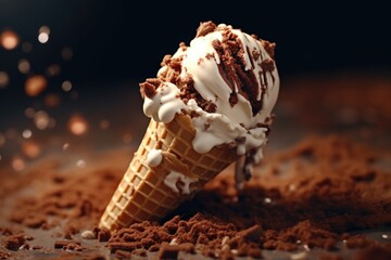 A delicious ice cream cone with chocolate and white icing. Perfect for summer treats or dessert illustrations.