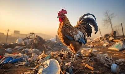 cute little rooster with decorative feathers on the garbage pile - obrazy, fototapety, plakaty