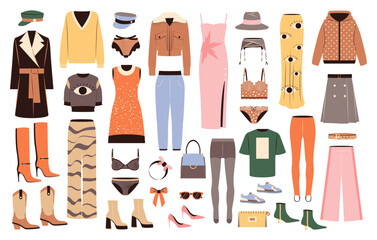 Big set of fashion clothing and accessories for spring season. Female apparel, dresses, pants, shoes, lingerie, hats, bags in casual style. Flat vector illustrations isolated on white background.