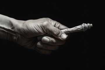 A person holding a cigarette in their hand. This image can be used to depict smoking, addiction, or relaxation.