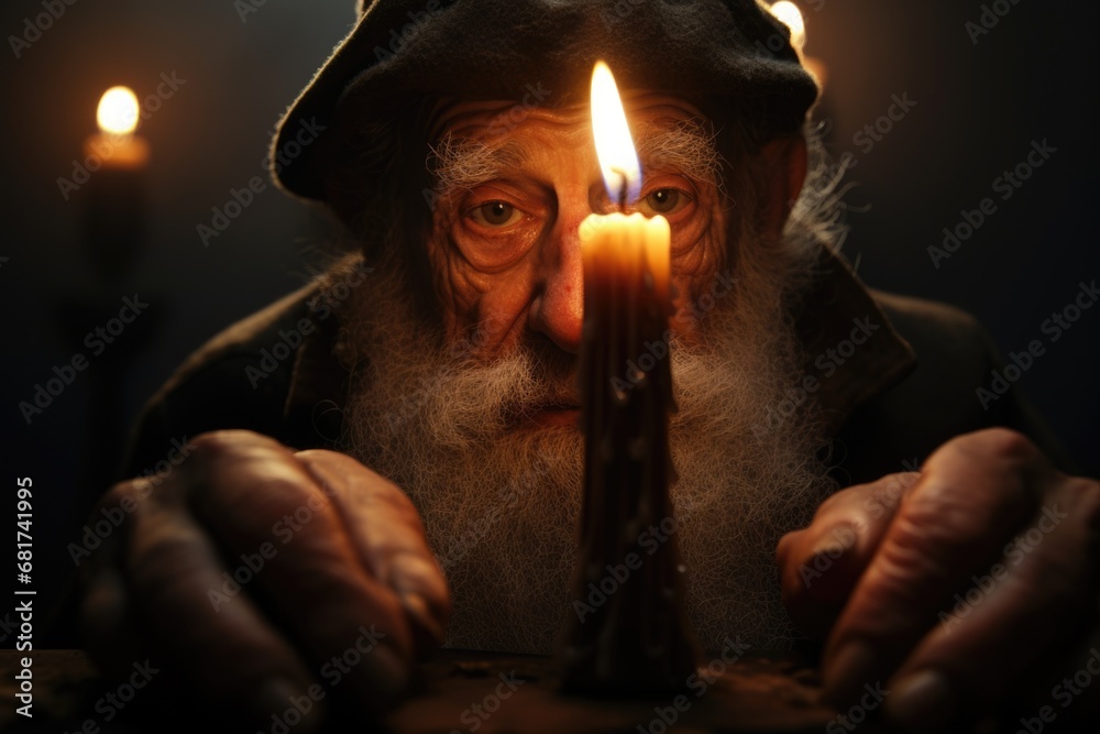 Poster a bearded man is holding a lit candle. this image can be used to depict concepts such as serenity, m