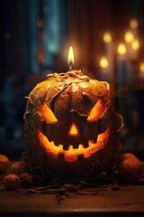 A lit pumpkin sitting on top of a table. Suitable for Halloween decorations or autumn-themed designs.