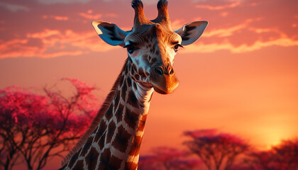 Giraffe standing tall, admiring the sunset in African wilderness generated by AI