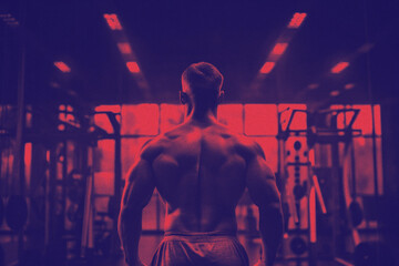 Fototapeta na wymiar The back view of a muscular man in halftone colors, poised for exercise in a dimly lit gym environment.