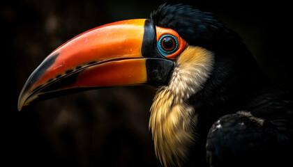 Obraz premium Toco toucan perching on branch, looking at camera with beak generated by AI
