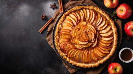 copy space, stockphoto, Fresh baked glazed homemade apple tart pie. Top view, menu, restaurant. Vegan dish. Tasty apple pie, sweet dessert.
