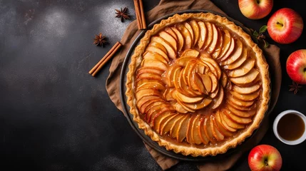 Fotobehang copy space, stockphoto, Fresh baked glazed homemade apple tart pie. Top view, menu, restaurant. Vegan dish. Tasty apple pie, sweet dessert. © Dirk