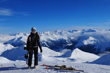 Breathtaking view from the Swiss Alps from Weissfluhjoch at the famous Wintersport region Davos-City