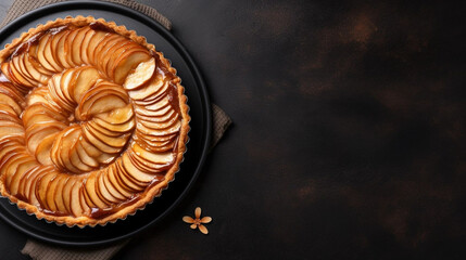 copy space, stockphoto, Fresh baked glazed homemade apple tart pie. Top view, menu, restaurant. Vegan dish. Tasty apple pie, sweet dessert.