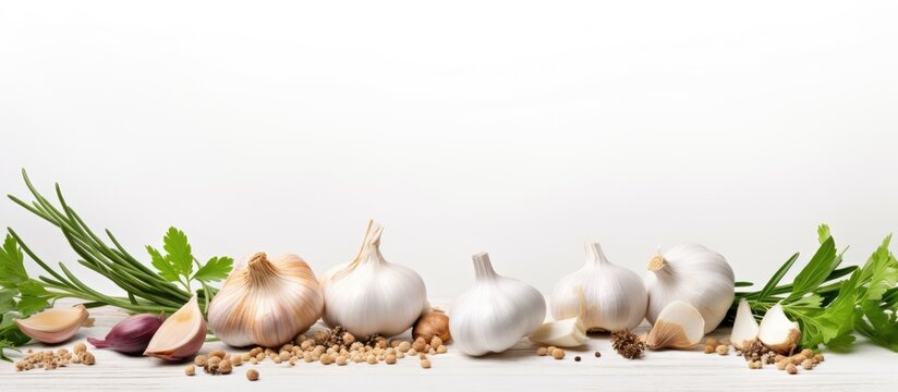 A healthy and nutritious meal, prepared with organic and natural ingredients, including garlic as a flavorful herb and seasoning, stands isolated against a white background adorned with white plants
