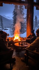 up by a warm fire in a mountain lodge