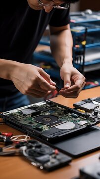 repairing a broken laptop in a workshop