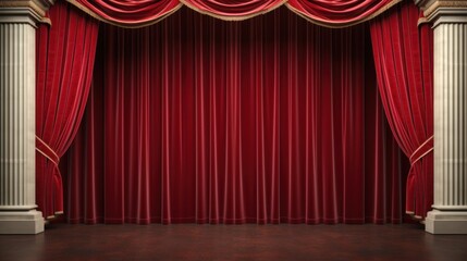 A classic theater stage with red velvet curtains and customizable copy text